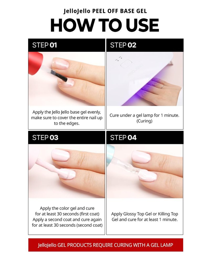 JelloJello Peel-Off Base Gel (10ml) + One Kill Gel Remover (30ml) Set Peelable Nail Base, Easy Removal, Self Nail, UV/LED Cure