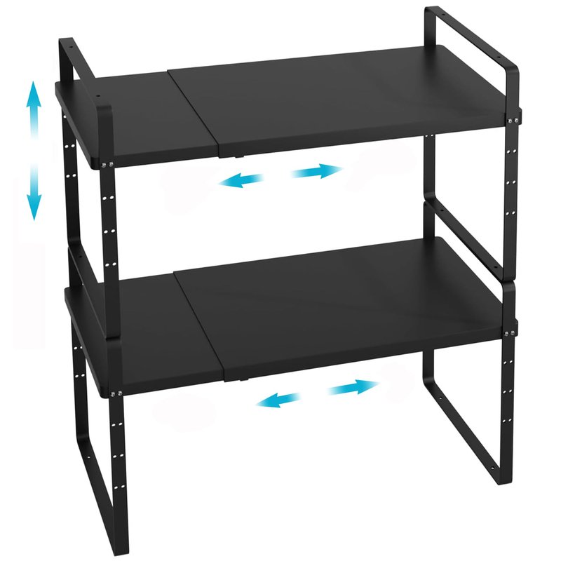 iPEGTOP 2 Pack Expandable Cabinet Storage Shelf Organizer Rack, Heavy Duty Steel Metal Spice Rack Adjustable Height Office Garage Pantry Shelf Space Riser for Counter Kitchen Organization, Black