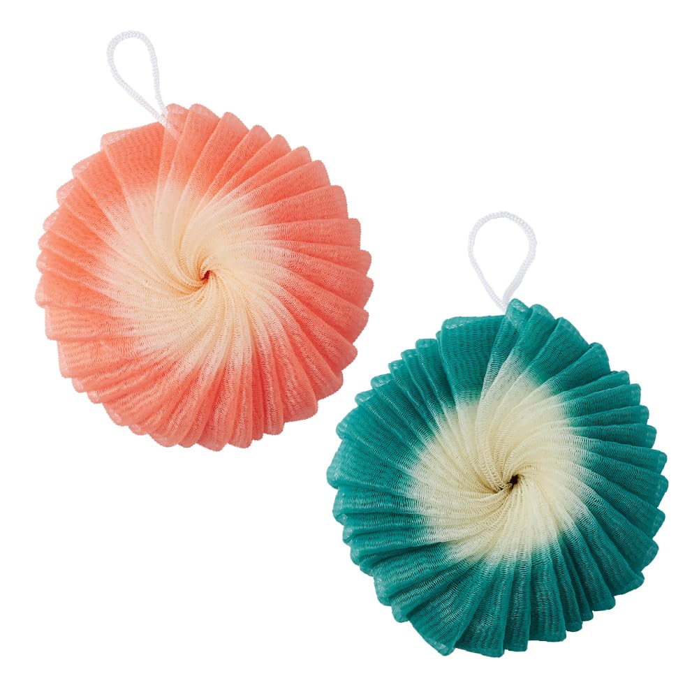 Éclat Mesh Bath Sponge Loofah Ball, Soft Exfoliating Body Scrubber for Wash, Rich-Lather Nylon Net Puff with Quick-Dry Hanging Loop, Gentle Daily Cleanser (Orange/Green, 2Pcs)