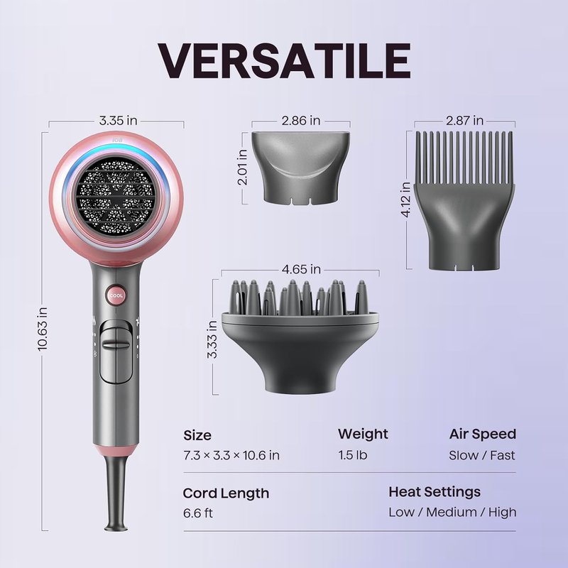 Ionic Hair Dryer for Curly Hair - 1875W Fast Drying Blow Dryer with Diffuser & 3 Attachments | Rose Gold