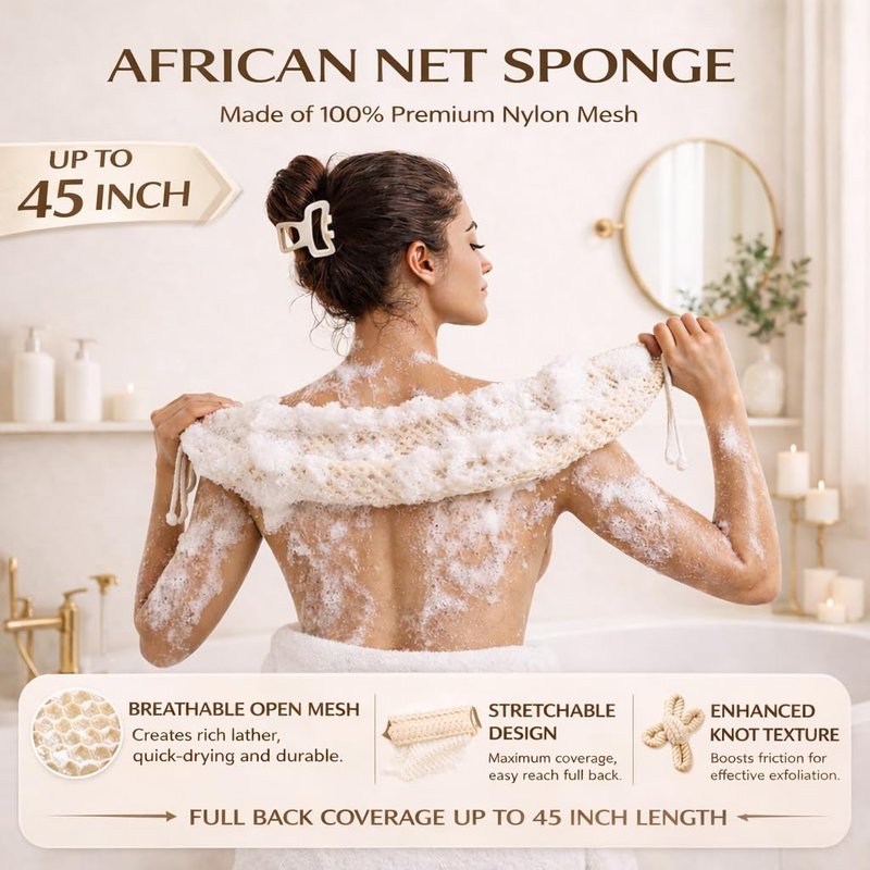 African Net Sponge Authentic, 4 Pcs Exfoliating Net Sponge for Bath, 45 Inch Long Stretch Back Scrubber for Women and Men, Exfoliating Shower Scrubber(Black+Olive Green+Pink+Champagne Gold, 4 Packs)