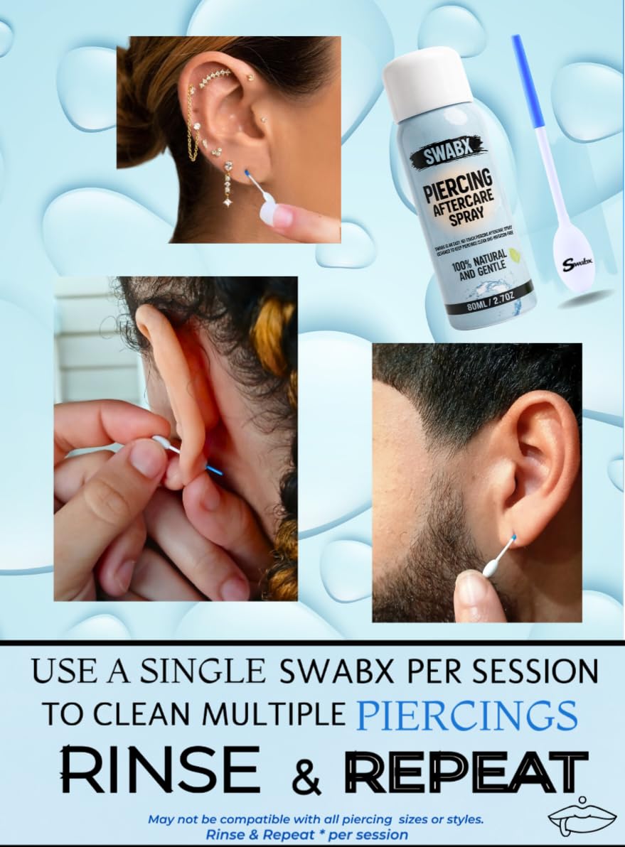 Insertable Piercing Cleaners Sturdy Tips Push Out Gunk, Odors; Cleans in Seconds Multiple Piercings. Soothe Irritation One Swipe Right Through Easy Use for Maintaining Piercings By SWABX - 2 Count