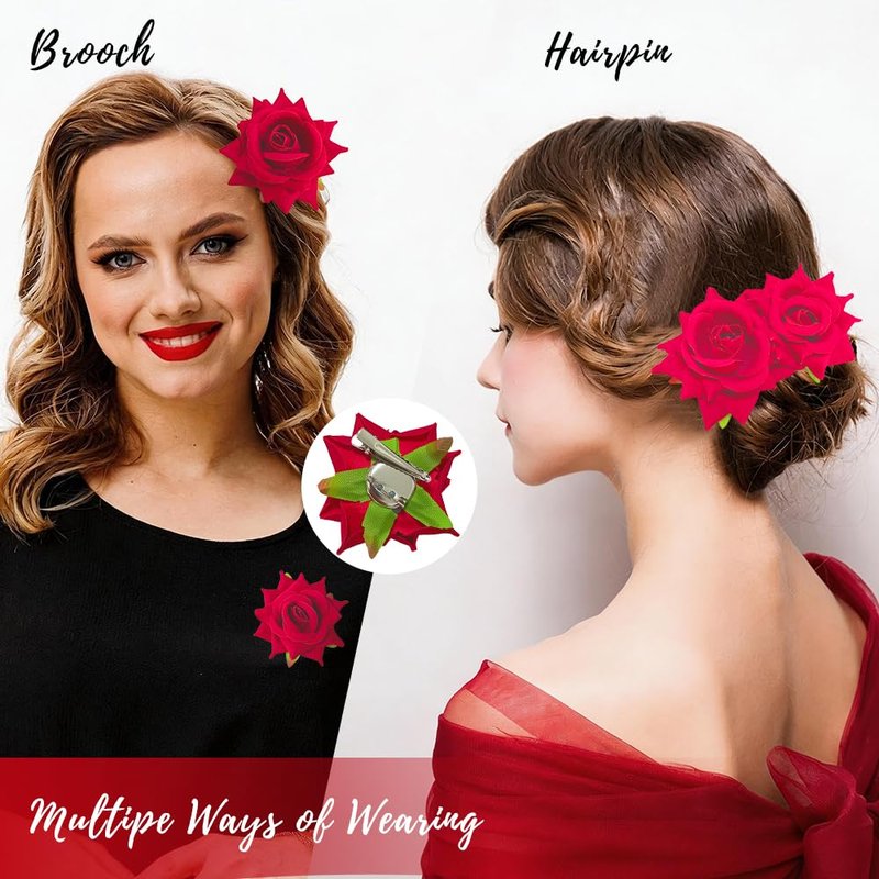 Red Rose Hair Clips by [Brand Name] - 6 Floral Barrettes for Weddings & Parties | Elegant Hair Accessories
