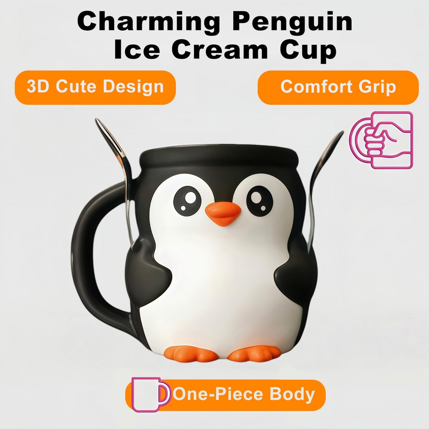 LDJDSDS Ice Cream Pint Holder, Insulated Ice Cream Holder Sleeves for 16 oz Pints with Spoon Slots & Hidden Snack Drawer, Leak Proof Popsicle Cooler Container Cozy, Gifts for Animal Lovers (Penguin)