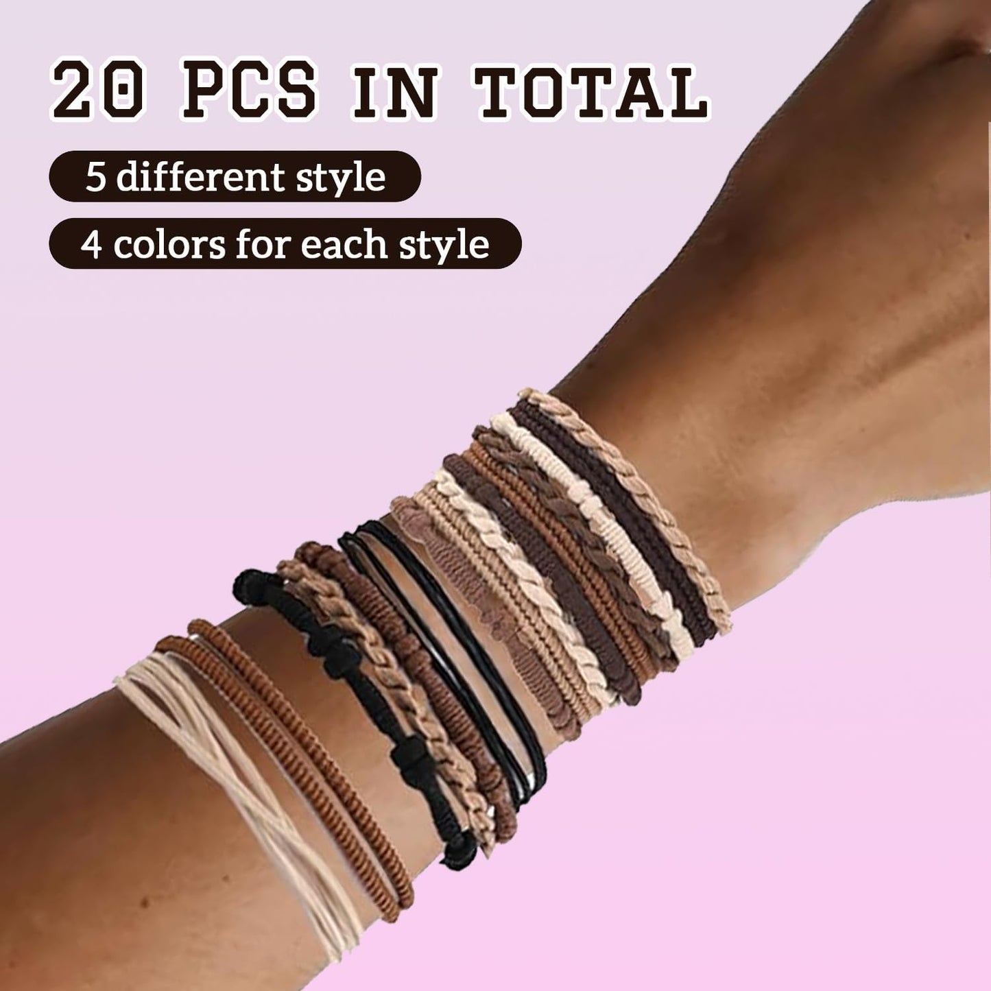 YONOY Boho Hair Ties for Women, 5 Styles Cute Tie Bracelet for Girls, No Damage Elastics for Thick Hair/Pony Tails，20 Pcs (Large Coffee)