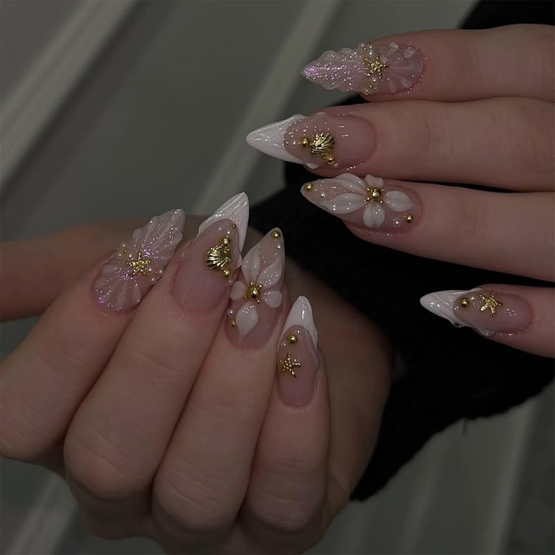 Skiennix 24pcs White French Tip Press-On Nails - Medium Almond Shape with 3D Floral Gold Pearl Designs