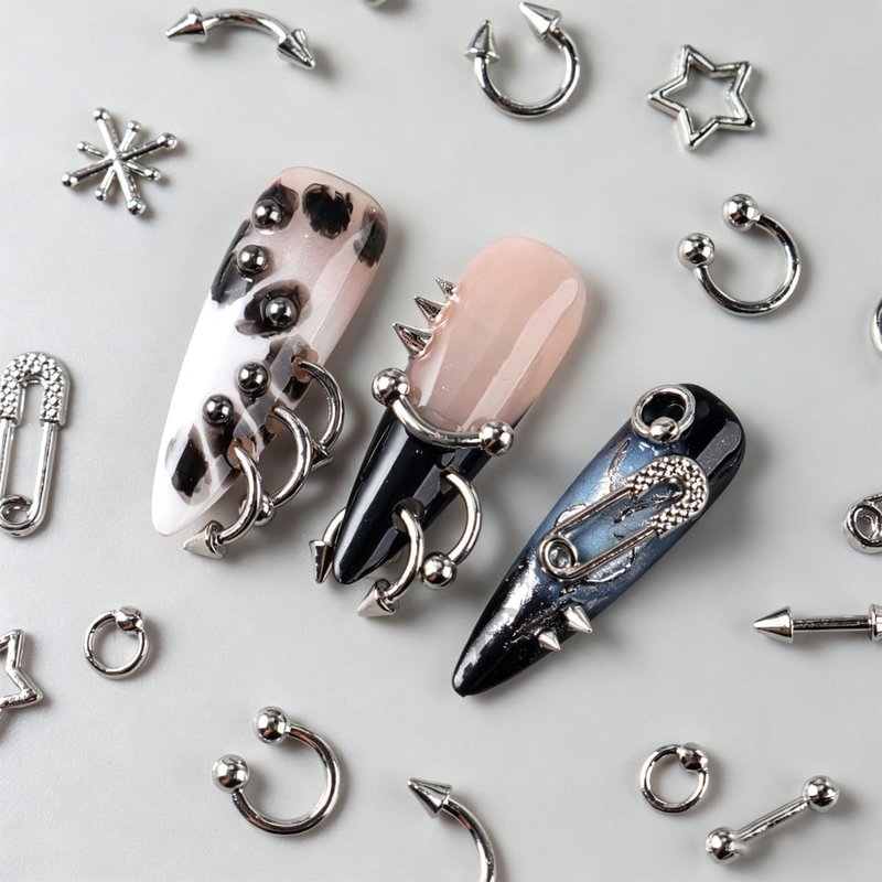Skiennix 3D Punk Nail Art Charms - 12 Grids of Silver Alloy Rivets & Rhinestones for DIY Acrylic Nails