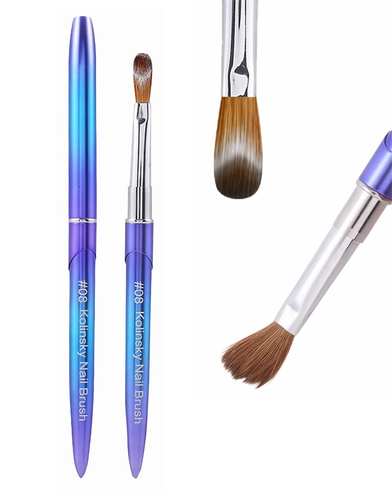 Kolinsky Hair Acrylic Nail Art Brush - Oval Crimped Tip for Precision, Gradient Blue Metal Handle | Size #8