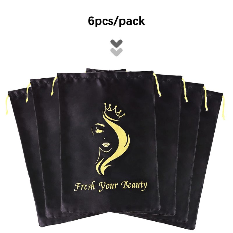 AIHOPESTO Silk Satin Pouches with Drawstring - Soft Hair Packaging Bags for Bundles, Wigs, Tools & Salon Use (6 PCS Black)