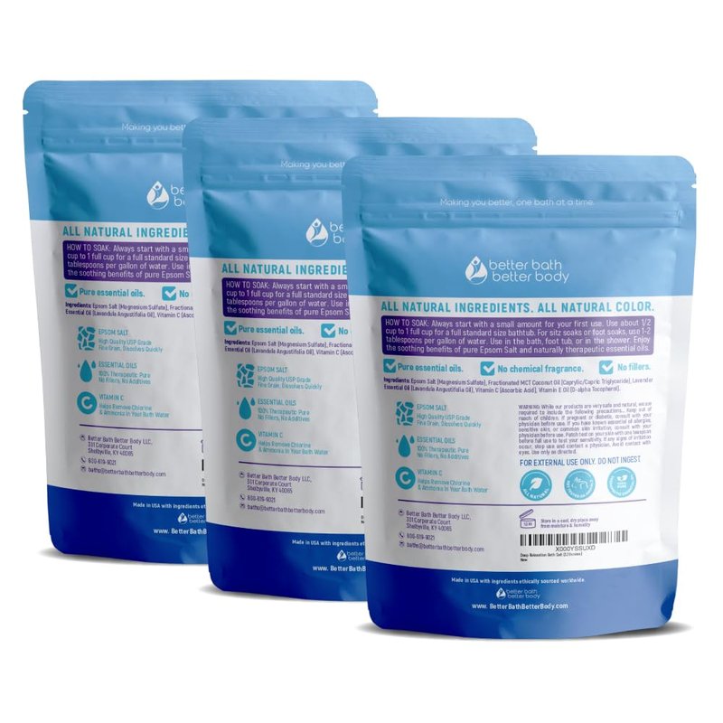 Deep Relaxation Bath Salt (3 Pack Plus Scoop) Relaxing Bath Soak with Pure Lavender Essential Oil in BPA Free Pouch with Press Lock Seal Made in USA 3 Pack of 2 Lbs 6 Lbs Total