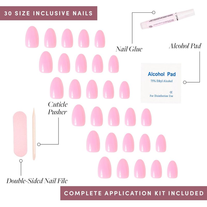 Glamnetic Press On Nails - Think Pink | Salon Quality Light Pastel Pink Short Oval Nails | 30 Nail Kit with Glue, 15 Sizes