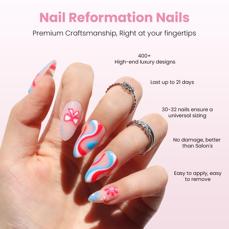 Nail Reformation Press On Nails, Red White & Blue Swirl Medium Almond Fake Nails with 3D Stars & Bows in Glossy Finish, Reusable Stick On Nails in 15 Sizes - 30 False Nail Kit, Gifts for Women