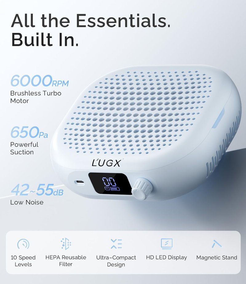 Rechargeable Nail Dust Collector - Professional Compact Design with Strong Suction, 10-Speed Turbo Fan & LED Display | Azure Wave