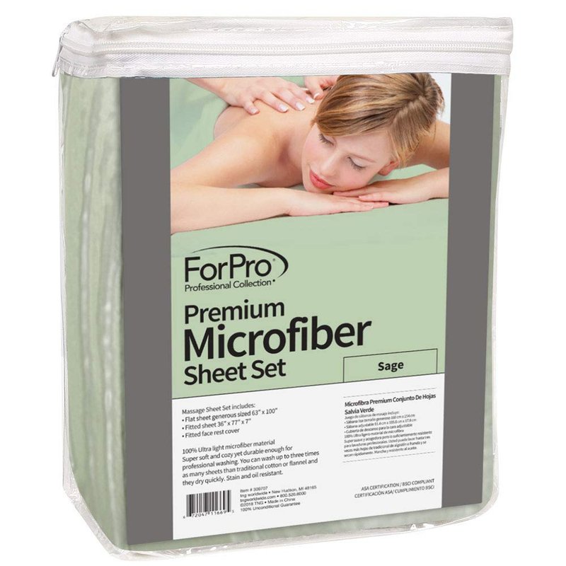 ForPro Professional Collection Premium Microfiber 3-Piece Massage Sheet Set, Sage, Ultra-Light, Stain, and Wrinkle-Resistant, Includes Flat, Fitted Sheet and Massage Face Rest Cover