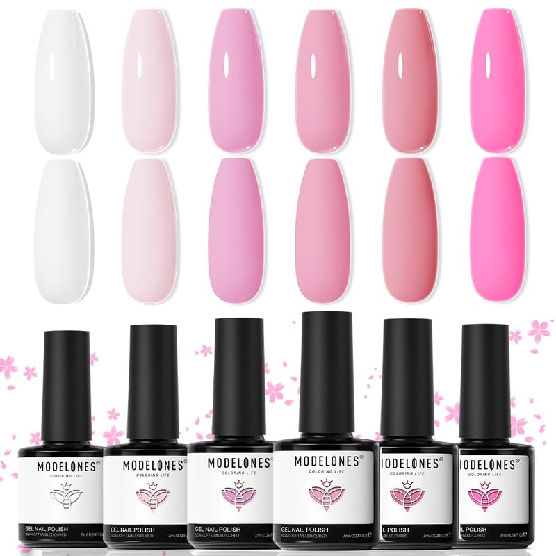 modelones Gel Nail Polish Set, 6 Colors 2026 Mothersday Light Soft Pink White Nude Pink Gel Polish Soak Off Nail Art Design Manicure Kit Salon DIY Home Gift Women Girlfriend