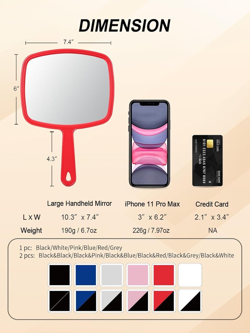 Gladmart Hand Mirror Salon Barber Hairdressing Handheld Mirror with Handle(Square,Black and Red,7.4 x 10.3 inches)