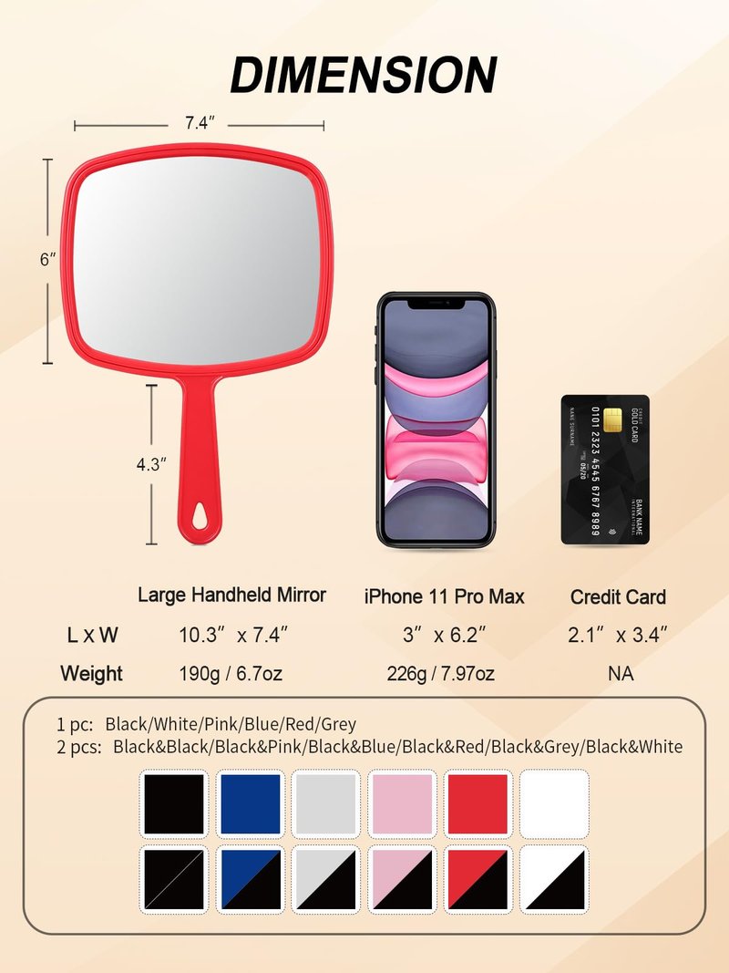 Gladmart Hand Mirror Salon Barber Hairdressing Handheld Mirror with Handle (Square Red 7.4 x 10.3 inches)