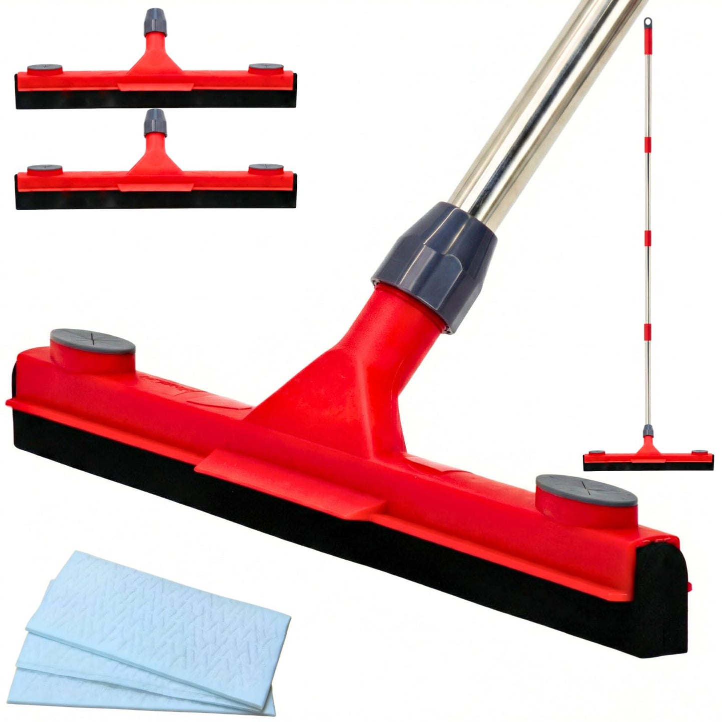 Floor Squeegee with 2 Replaceable Heads – 17'' EVA Foam Blade for Uneven Surfaces, 62'' Long Handle, Built-in Towel Clip, Non-Scratch Heavy Duty Squeegee Broom for Garage, Window, Tile, Patio & Shower