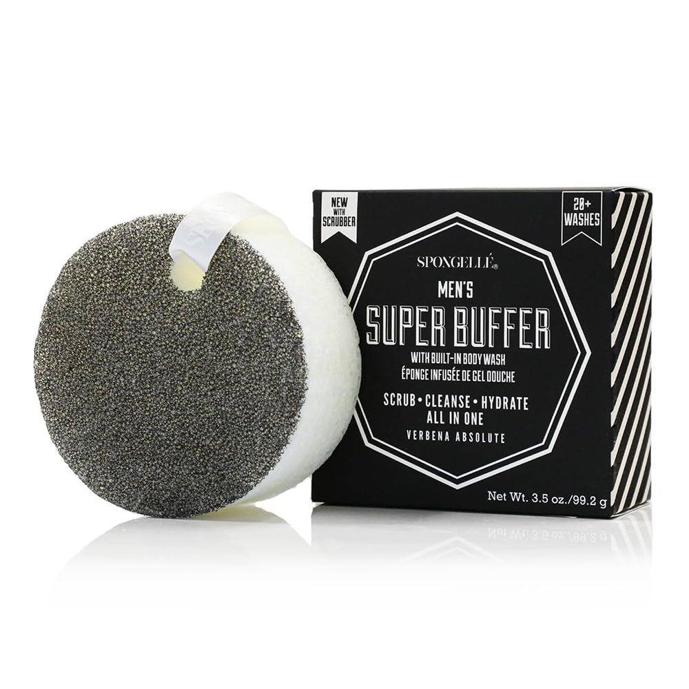 Spongellé Men's Super Buffer, Verbena Absolute | 20+ Washes | Body Wash Infused Exfoliating Body Scrubber | Loofah Sponge For Men | Cruelty-Free, Vegan, Dermatologist-Tested, Made in USA