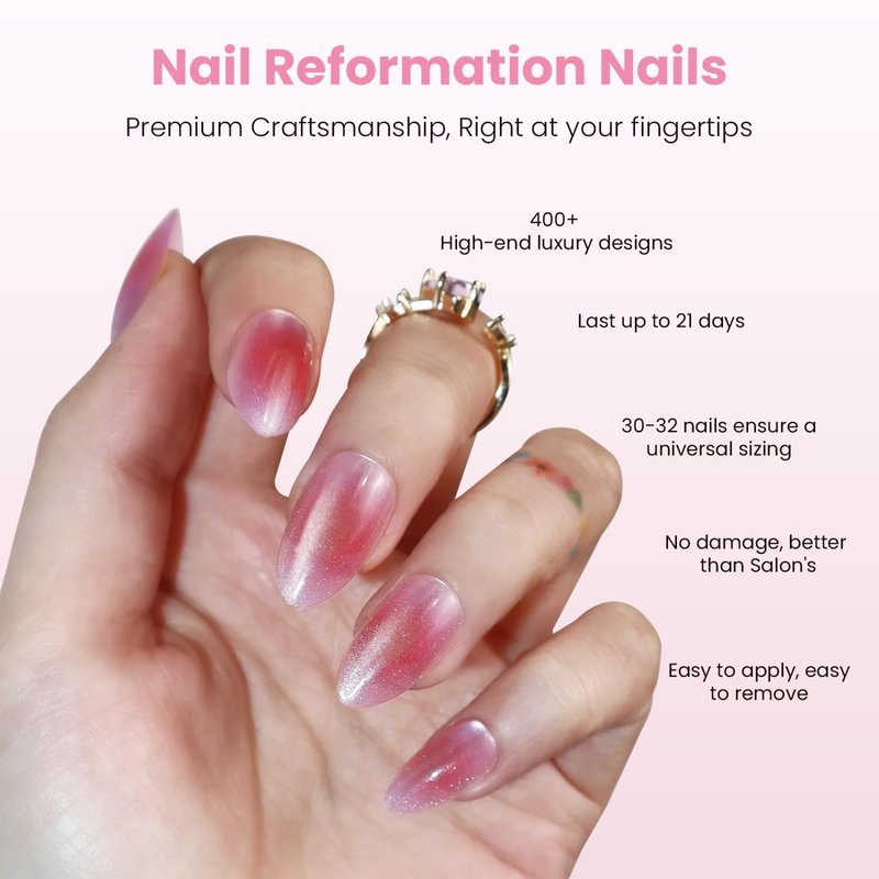 Nail Reformation Press On Nails, Sakura | Blushing Pink Ombre Short Almond Fake Nails with Velvet Finish, Salon Quality, Reusable Stick On Nails in 16 Sizes - 32 Nail Kit with Glue, Gifts for Women