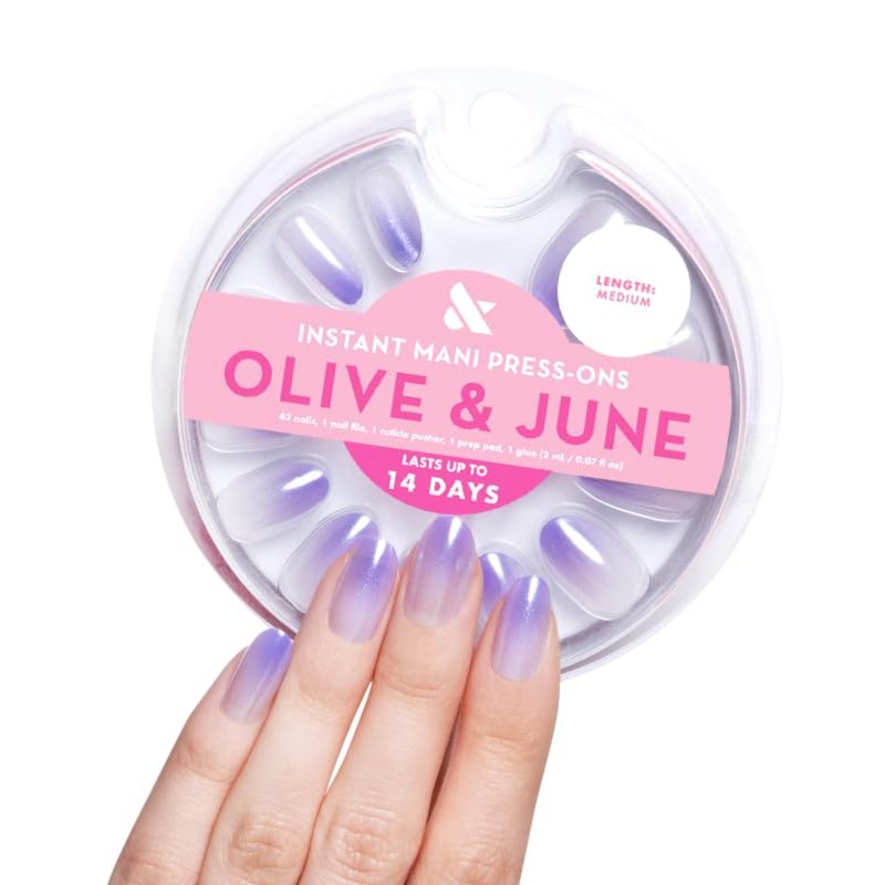 Olive & June Instant Mani Press-On Nails (Glue) | 42 Fake Nails, 21 Sizes | Non-Toxic, Long-Lasting Recycled Materials Realistic Look | Salon-Quality at Home | Medium, Oval | Purple Chrome Gradient