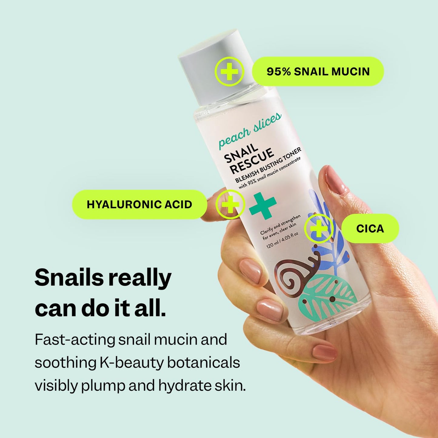 Peach Slices - Snail Rescue Blemish Busting Toner (4.05 oz) - 95% Snail Mucin Concentrate - Clarify, Strengthen, Balance - Hyaluronic Acid & CICA - Clean & Cruelty Free - Korean Skin Care & Beauty