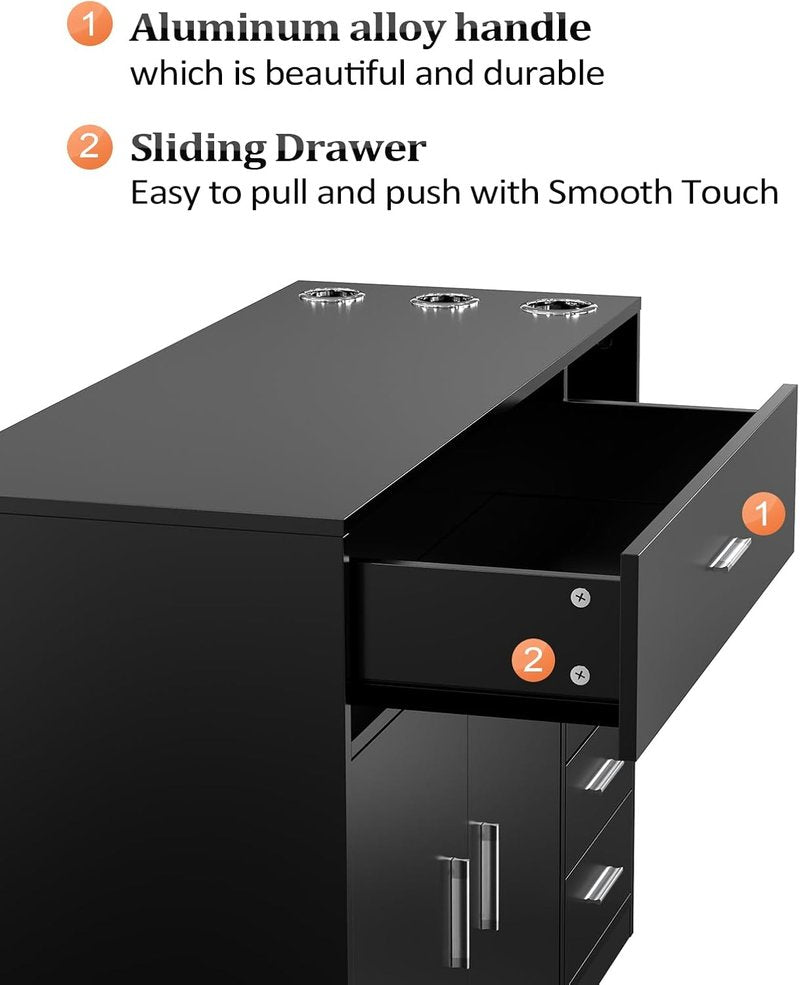 OmySalon Free Standing Salon Station - Barber Styling Cabinet with 5 Drawers & 3 Dryer Holders | Black