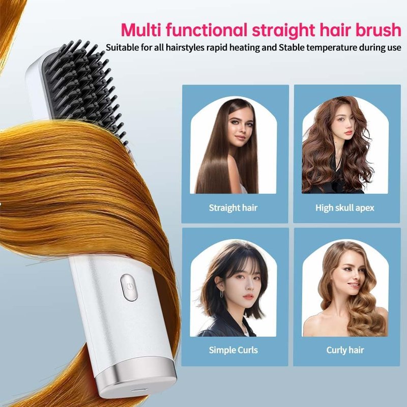Skiennix Cordless Hair Straightener Brush - Portable Travel Comb with Fast Heating & LCD Display (White)