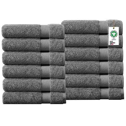 Delara 100% Organic Cotton Towels 650 GSM Plush Feather Touch Quick Dry Wash Cloth, Pack of 12 GOTS Certified, Oeko-Tex Green Certified, Organic Cotton Wash Cloth, 13"X13"