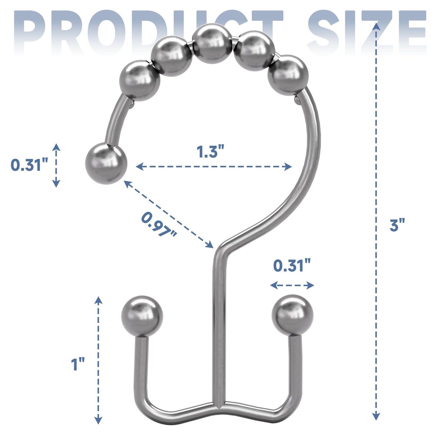 Titanker Double Shower Curtain Hooks, Rust Proof Shower Curtain Rings, Metal Shower Hooks for Bathroom Shower Rods Curtains, Set of 12 Hooks - Chrome