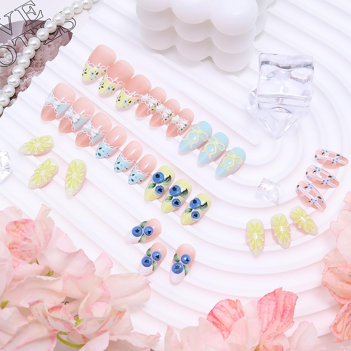 Spring French Tip Press On Nails - 30 Pcs Short Almond Shape 3D Lemon Blueberry Bow | Reusable Acrylic Summer Fruit Themed