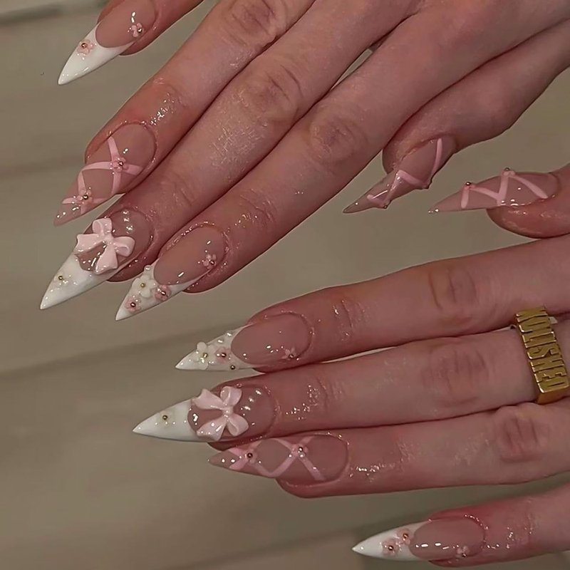 Long Almond Press-On Nails - Pink French Tip with 3D Bow Flower Designs | 24 Pcs Stiletto Artificial Nails for Women