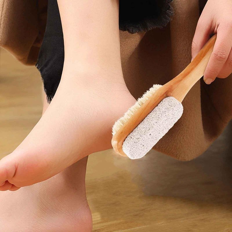 1Pc Foot Natural Bristle Brush & Pumice Stone Combo,Double Side with Pumice Stone and Bristle Brush Heel Scraper Pedicure File Removes Dead Skin with Rope Wooden Handle
