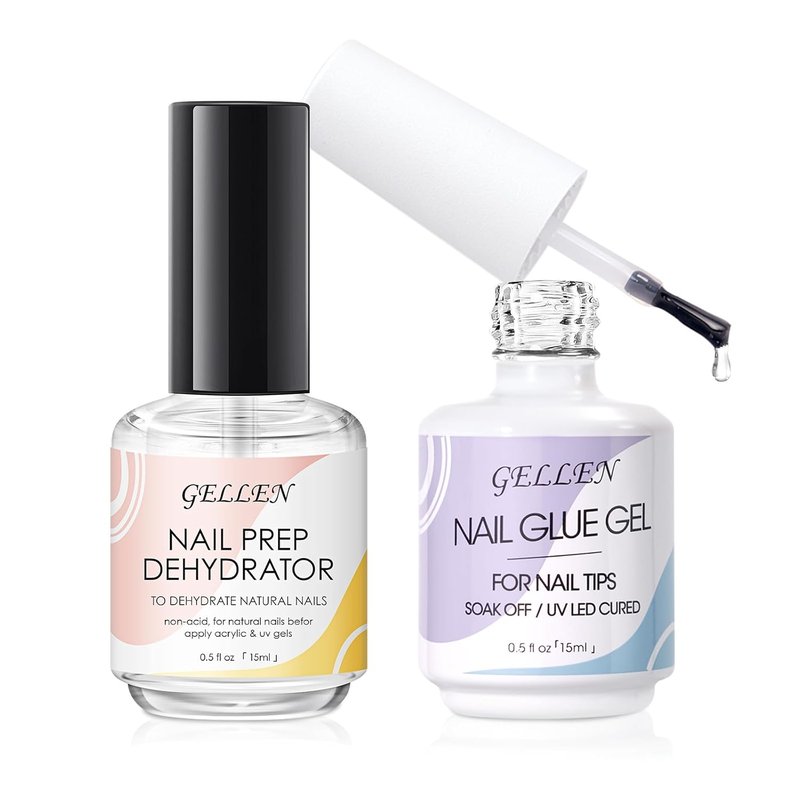Gellen Gel Nail Glue - Strong Adhesive for False Nail Tips | 15ml Acid-Free Dehydrator & Clear Press-On Nails