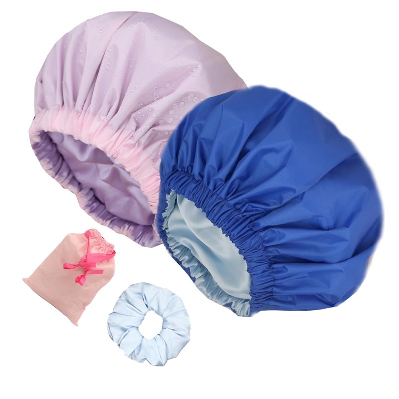2Pcs Shower Cap with Satin Interior+Packing Bag+Scrunchy Reusable Large Bath Cap Waterproof for All Length Hair, Adjustable Double Layers Cap for Women Shower Spa Travel Non-Slip Elastic Band
