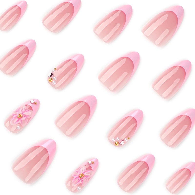 Jremg Pink Chrome Press on Nails Medium Almond Fake Nails with Rhinestones Designs Adorable 3D Pink Floral False Nails Reusable Glossy Artificial French Tip Glue on Nails for Women 24Pcs