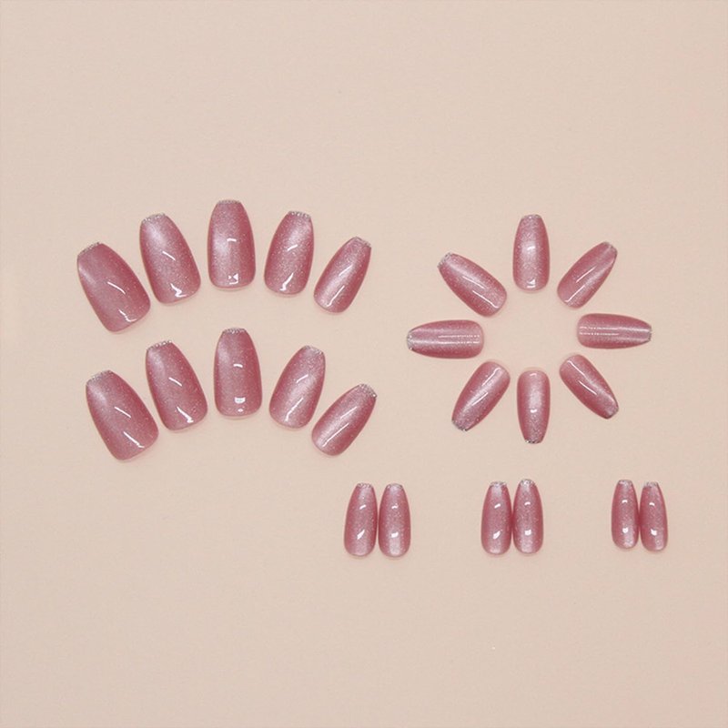 Pink Cat Eye Press-On Nails - Medium Coffin Glossy Glitter Full Cover | 24 Pcs Reusable Acrylic for Women