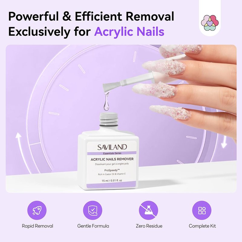 SAVILAND Acrylic Nail Remover Kit - 30 ml Gentle Acrylic Dissolver with Cuticle Oil & Care Tools