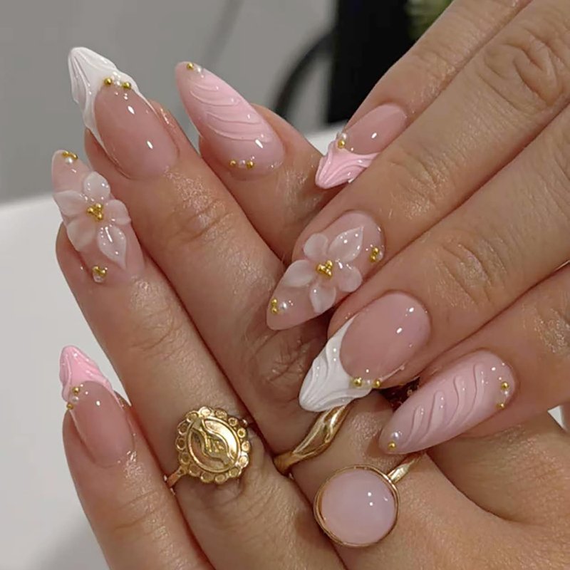 30Pcs 3D Pink Press on Nails Almond Medium False Nails White French Tip Fake Nails with Gold Bead Flower Rhinestones Design Cute Glue on Nails Artificial Spring Flower Acrylic Nails for Women Manicure