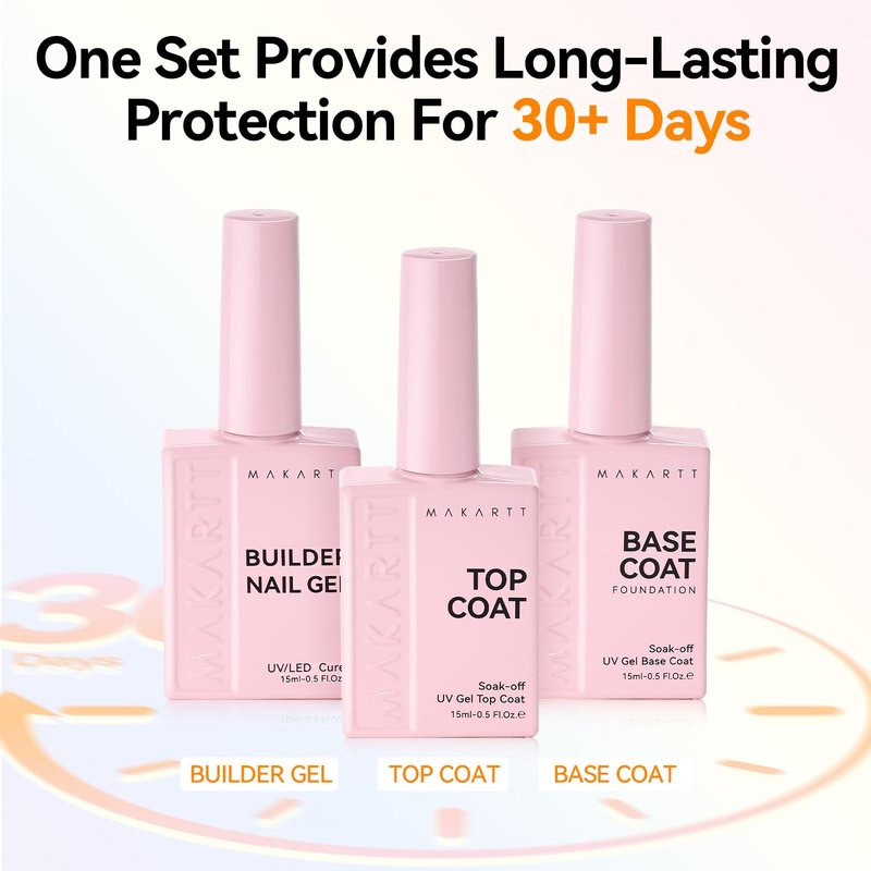 Makartt Builder Nail Gel with Top Coat Base Coat Kit: 3 PCS 15ml Long Lasting Diamond-Shine Finish No Wipe Clear Gel Polish Soak Off UV LED Lamp Needed Home DIY Gift Women