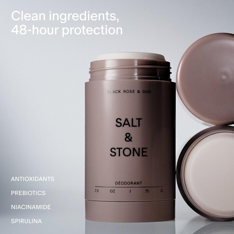 Salt & Stone Aluminum Free Deodorant | Extra Strength 48 Hour Protection for Women & Men | Made with Seaweed Extracts, Niacinamide & Prebiotics | Black Rose & Oud