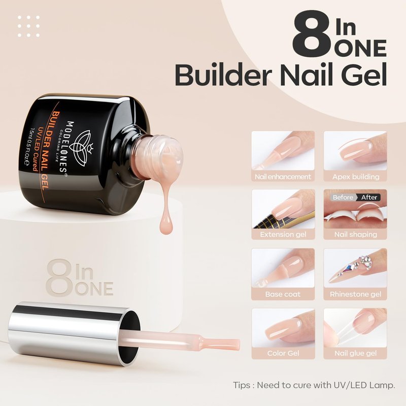 Modelones 8-in-One Builder Nail Gel - Neutral Nude Thickening Strengthener | LED Cured DIY Salon Gel