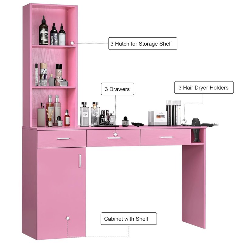 4ever2buy Barber Station for Hair Stylist, Salon Wall Station with Barber Cabinet, Hair Stations Equipment Hair Dryer Holder, Drawers (Pink)