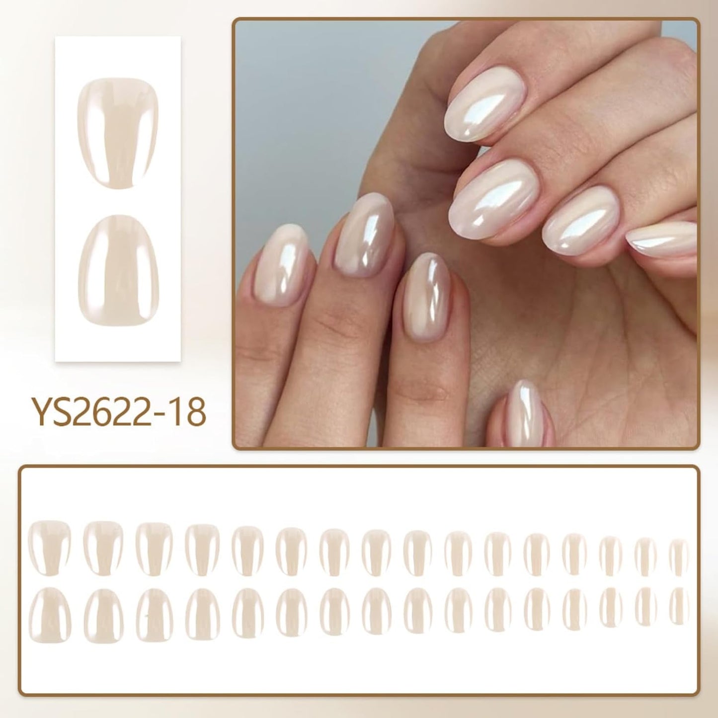 Skiennix Short Oval Press-On Nails | Nude White Shimmer Pearl Finish | 32 Pcs Full Cover Set