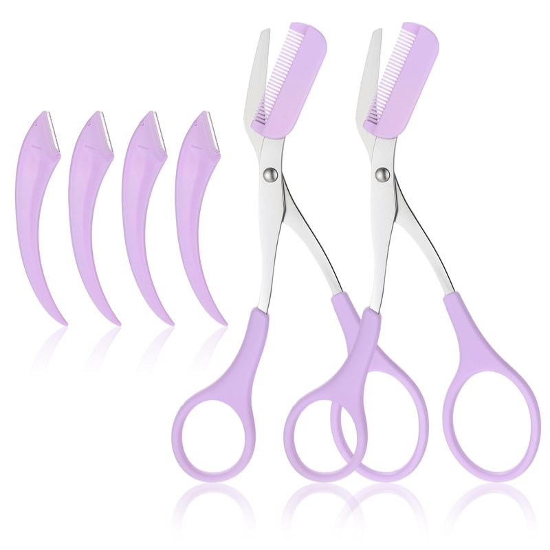 6 PCS Eyebrow Trimmer Scissor, 2 in 1 Eyebrow Scissors with Comb, Stainless Steel Eyebrows Trimmer, Professional Eyebrows Cutter Hair Removal EyebrowScissors with Razor for Men Women (Purple)