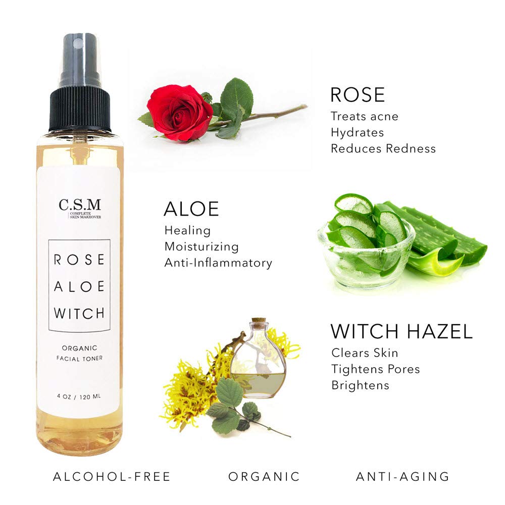 CSM Organic Alcohol-Free Witch Hazel Face Toner with Rose Water, Aloe Vera - Minimizes Pores, Soothes Skin for a Fresh, Clear Complexion - Easy Mist Spray - RAW Facial Toner - Made in the USA