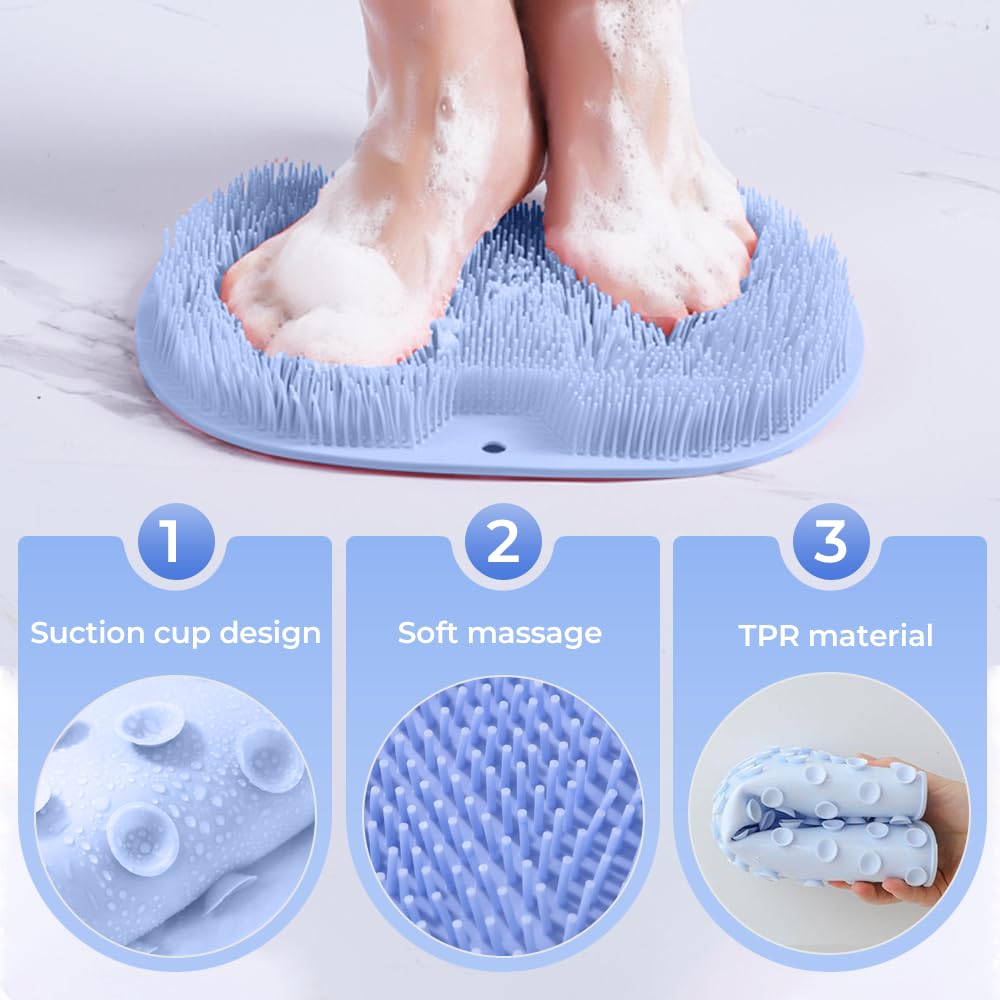 Shower Foot Scrubber Mat with Non-Slip Suction Cups, Non Slip Bathtub and Shower Mat with Suction Cups and Drain Holes, Foot Back Cleaning Pad Back Washer Exfoliating Bath Wash Pad (Grey)