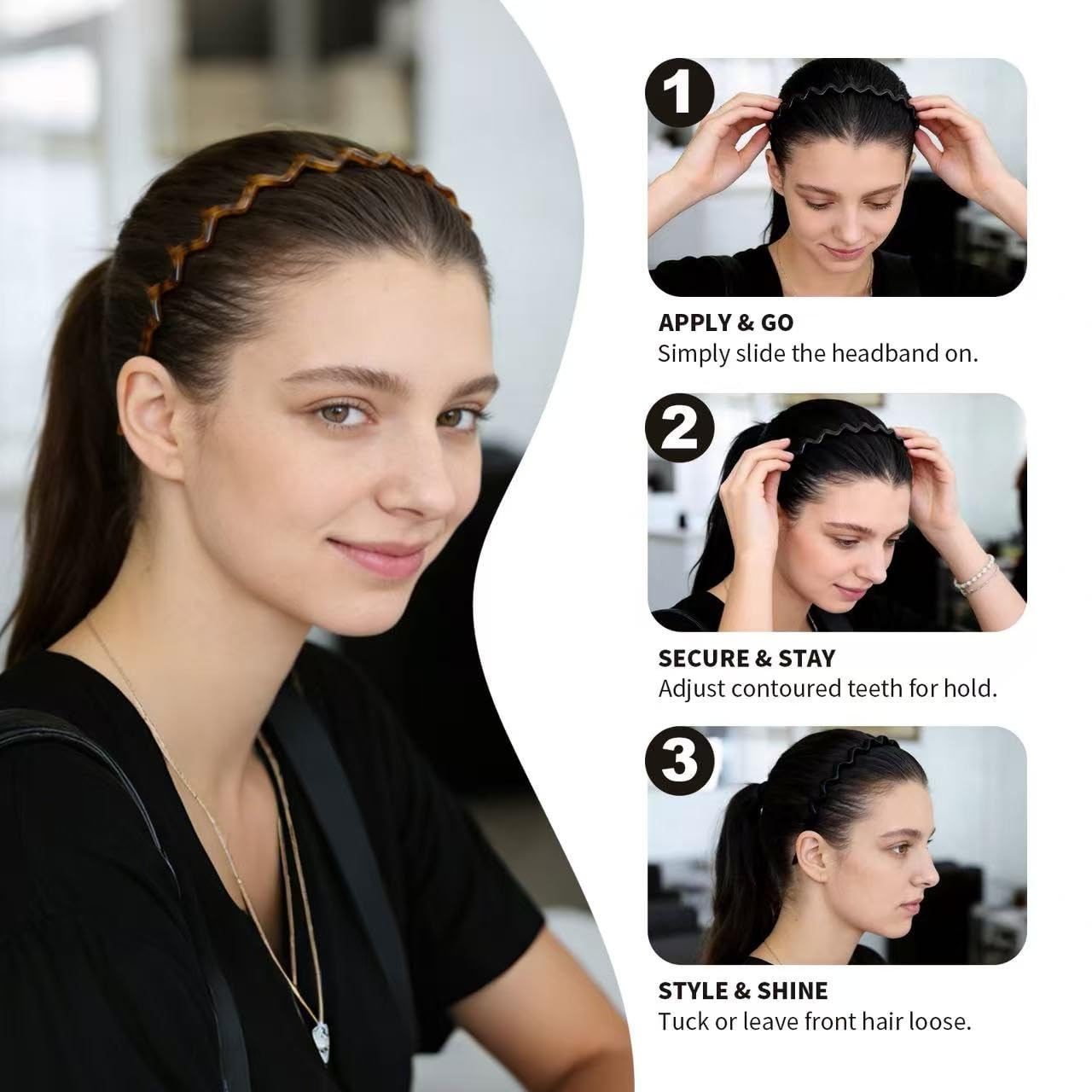 Zig Zag Headbands for Women - Non-Slip Comfortable Comb Design | Tortoise & Black - 2 Pack Fashion Accessories