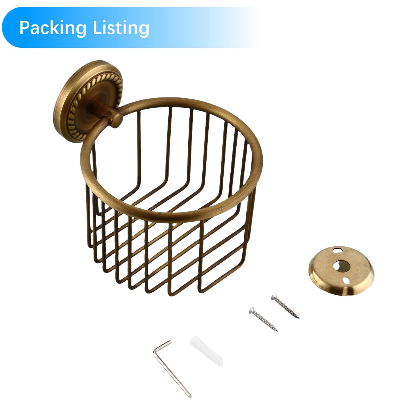 Vintage Toilet Paper Holder Wall Mounted Bathroom Roll Tissue Wire Basket, Antique Brass