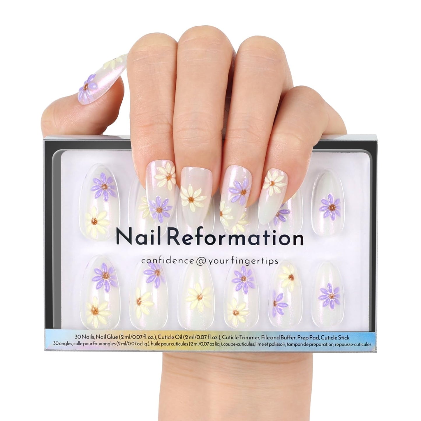 Skiennix Press On Nails - 3D Floral Lavender & Gold Shimmer | Medium Almond Shape, Reusable 30 Nail Kit in 15 Sizes